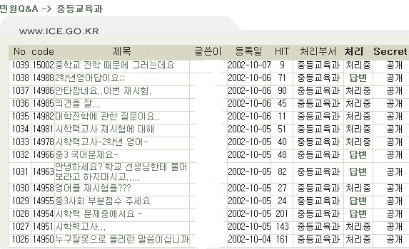 인천시교육청 홈페이지 '중등교육과 민원게시판'에 올라온 관련 게시물들 